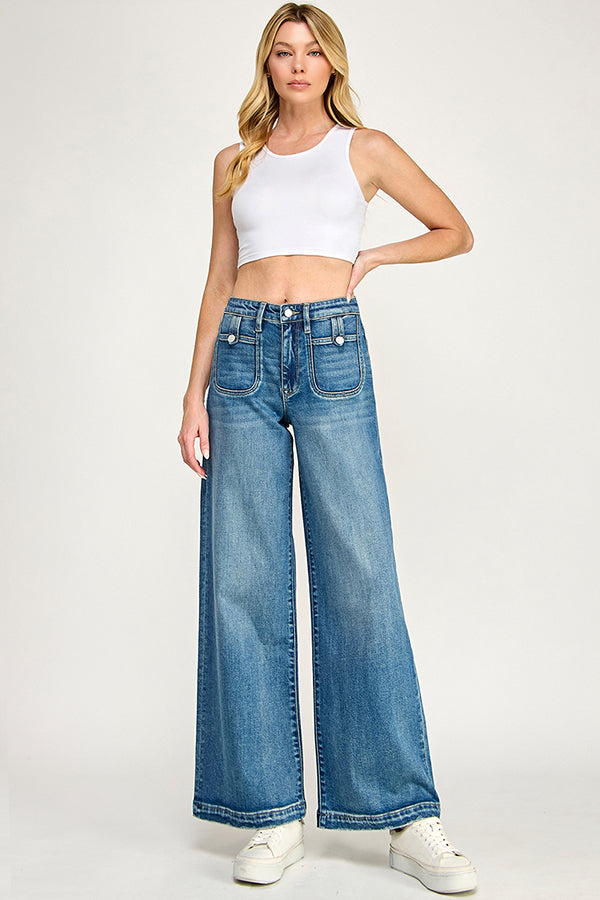 P7139W-MD [PRE-PACK] SUPER SOFT TOUCH FRONT POCKET DETAILING LOW SLUNG WIDE LEG JEANS