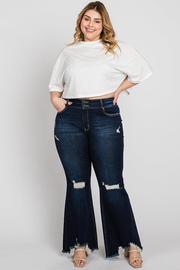 PX310F-DK [PLUS] [PRE-PACK] HIGH RISE DESTROY SUPER FLARE W/ FRAYED HEM JEANS