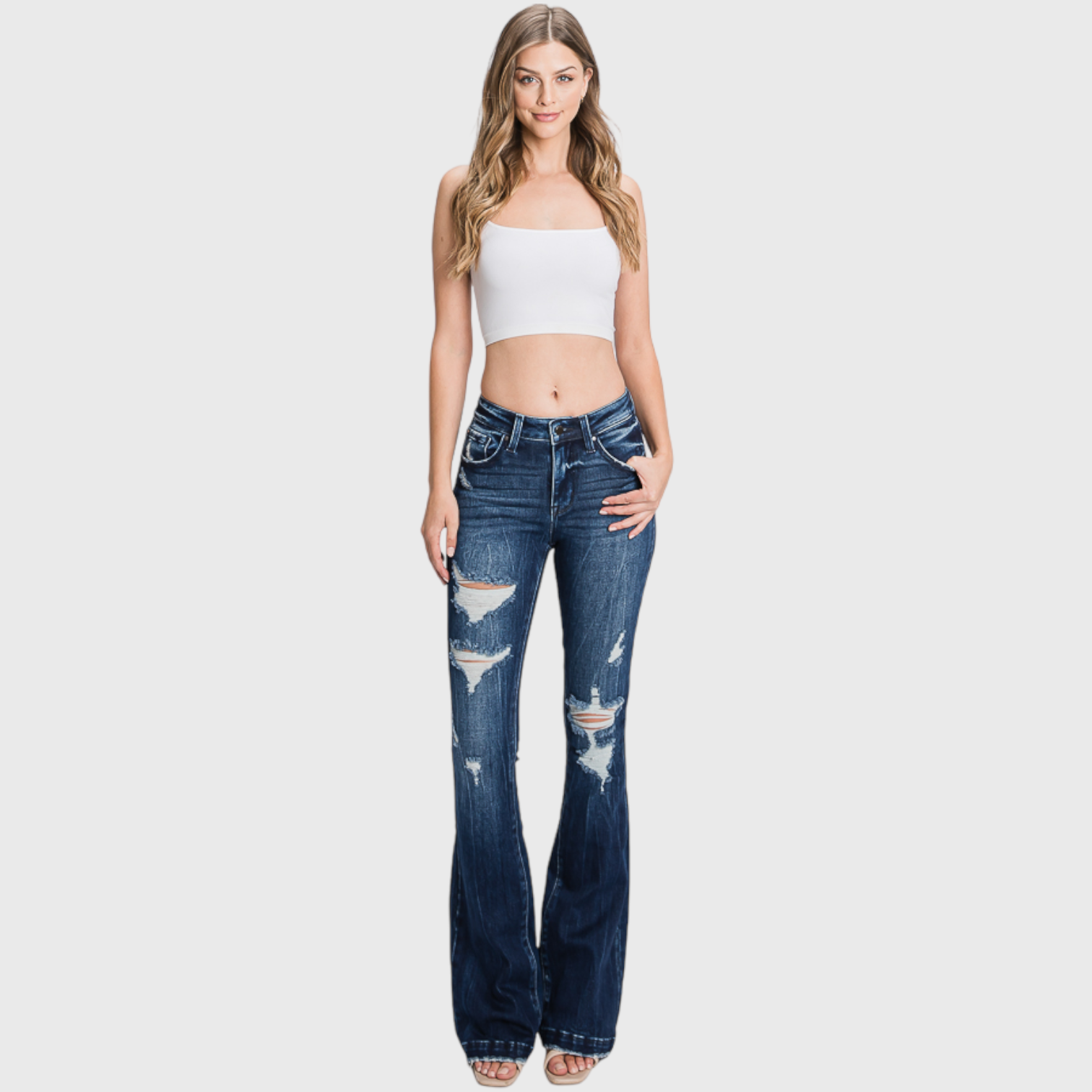 TZ929MF-MD [OPEN-PACK] PETITE DISTRESSED MID RISE STRETCH FLARE W/ TROUSER JEANS